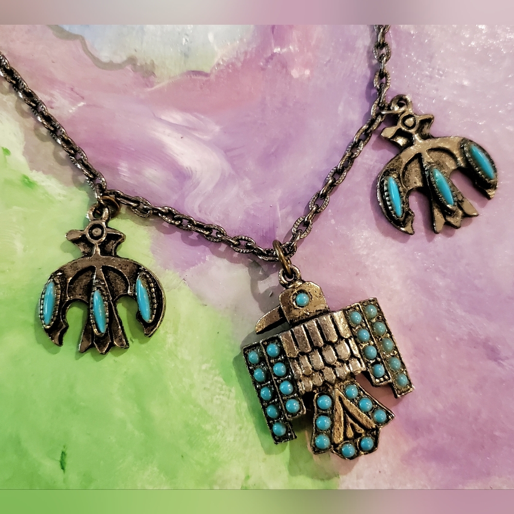 Vintage 70s Necklace Faux Turquoise Thunderbird Charm Trio Unisex